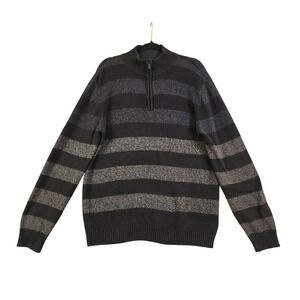 Denver Hayes Mens Quarter Zip Sweater Size XL Black Grey Striped Cotton Blend